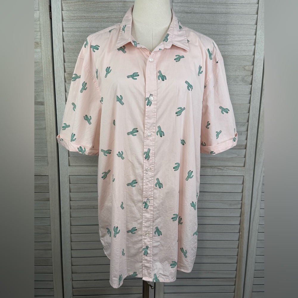PRIMARK Men's Cactus Print Short Sleeve Button Down Shirt Peach/Multi-XXL